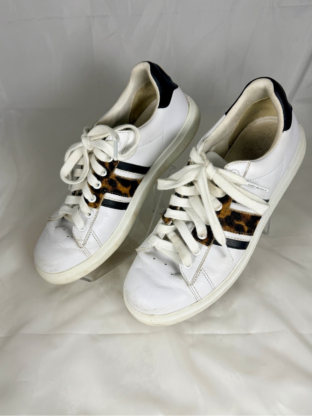Tory Burch White Leather Sneakers with Leopard Stripe and Black Trim